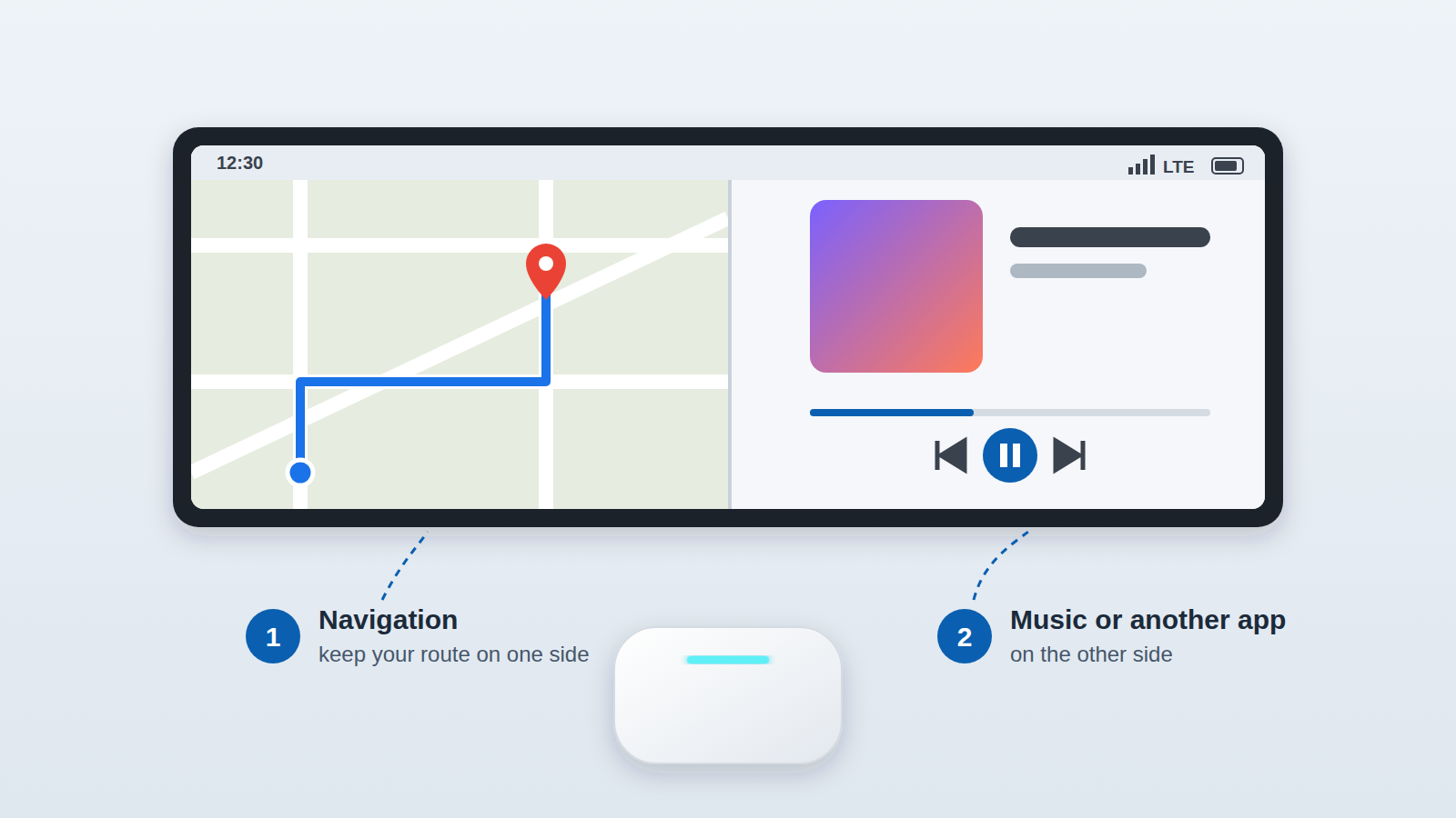 Pantalla dividida del Tbox Max Ultra con navegación y una app de música a la vez en la pantalla del coche