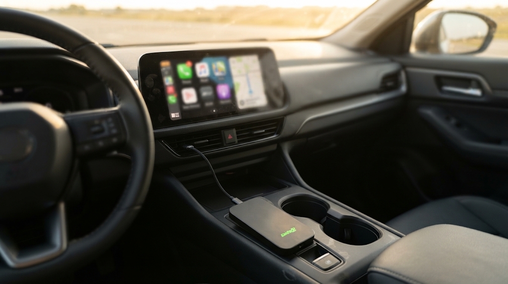Pequeño adaptador CarPlay inalámbrico conectado al USB de la consola central de un coche