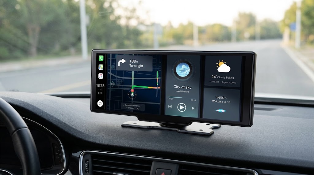 Pantalla CarPlay portátil colocada sobre el salpicadero de un coche, con iconos de apps en pantalla