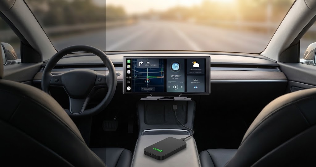 Pantalla CarPlay portátil sobre el salpicadero de un coche con iconos de apps