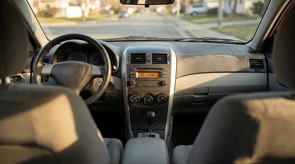 Salpicadero de un coche con la radio original sin CarPlay y espacio libre para una pantalla portátil